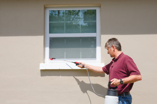 A professional pest control service man or do-it-yourself home owner spraying pesticide on the outside of house to keep bugs out.