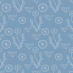 Seamless vector floral pattern. Blue hand drawn background with different flowers and leaves. Series of Hand Drawn Seamless Patterns.