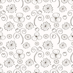 Seamless vector floral pattern. Black and white  hand drawn background with different flowers and leaves. Series of Hand Drawn Seamless Patterns.