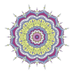 Vector hand drawn doodle mandala with hearts. Ethnic mandala with colorful ornament. Isolated. Pink, white, yellow, purple colors. - 112051474