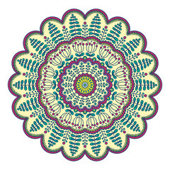 Vector hand drawn doodle mandala. Ethnic mandala with floral ornament and berry. Isolated. Yellow, pink, white and green colors.