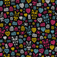 Valentine's day background. Seamless pattern with doodle love, heart, flower, letter, panda, rabbit, gifts.