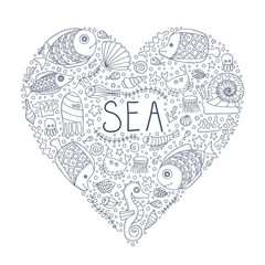 Sea heart. Vector hand drawn doodle sea elements - fish, sea star, sea horse, crab, anchor, bubbles. Pattern for coloring book. Outline. Love sea.
