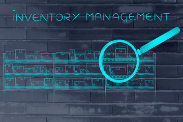 products in a warehouse & magnifying glass, inventory management - obrazy, fototapety, plakaty