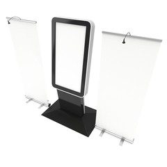 Info LCD screen floor stand with roll-up banners.