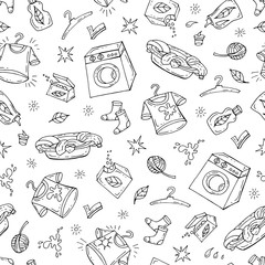 Vector seamless pattern with hand drawn washing symbols on white color.  Pattern on the theme of laundry