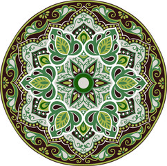 Drawing of a floral mandala in green, brown  and gray  colors on a white background