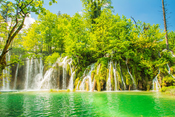 Beautiful landscape, waterfall and clear green water in the Plitvice Lakes National Park in Croatia. Beautiful world. 