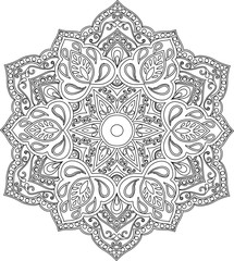 Drawing of a floral mandala in ethnic tribal style, black line art on white background