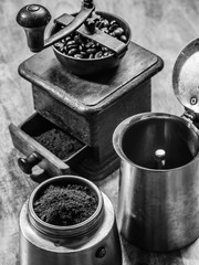Moka express coffee pot and grinder
