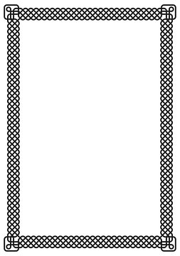 White page framed with black interlaced stripes forming a fancy pattern border, Celtic knots at the corners.
