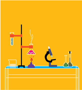 Table with the chemical tools and tubes. Chemical icons. Vector illustration