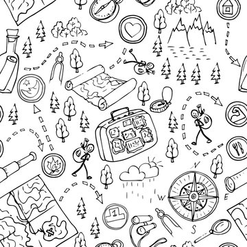 Hand drawn seamless pattern, maps, picnic, travel, hiking and camping