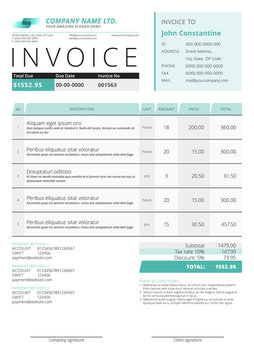 Business invoice template. Vector illustration. Invoice form. Stationery design
