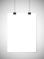 Hanging white paper against gray background. Vector template