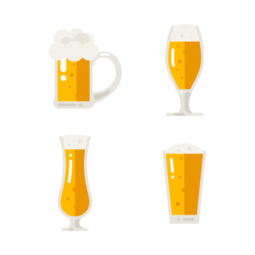 Set Of Beer Icons. Beer Bottle, Glass, Pint. Oktoberfest. Vector Flat Illustration Isolated On White Background.