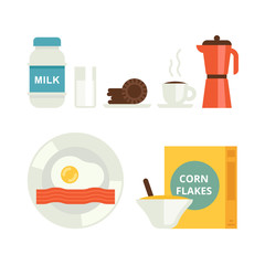 The set of breakfast vector icons. Milk, cookies, corn flakes, coffee and egg with bacon