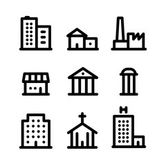 Building icons set. Buildings symbols. Outline web icons. Vector illustration isolated on white background.