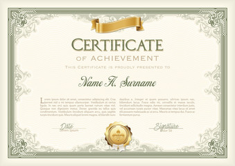 Certificate of Achievement Vintage Frame with Gold Ribbon. Landscape.