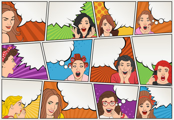 Obraz premium Comic book page with retro women talking. Comic strip background with speech bubbles. Vintage art. 