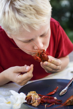 Boy eating crayfish