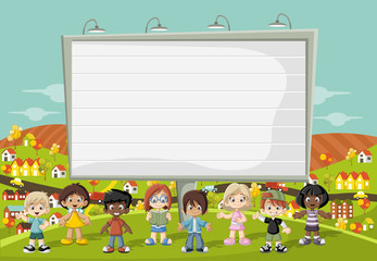 Colorful park in the city with a big billboard and cartoon children

