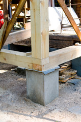 building wooden ecological house. Part of building process. Wooden corner. Building area.