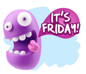 3d Rendering Smile Character Emoticon Expression saying It's Fri