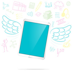 Blank tablet computer with illustrated wings