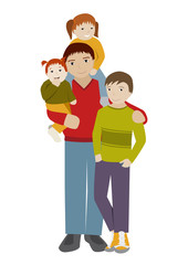 Father with three children. Cartoon vector