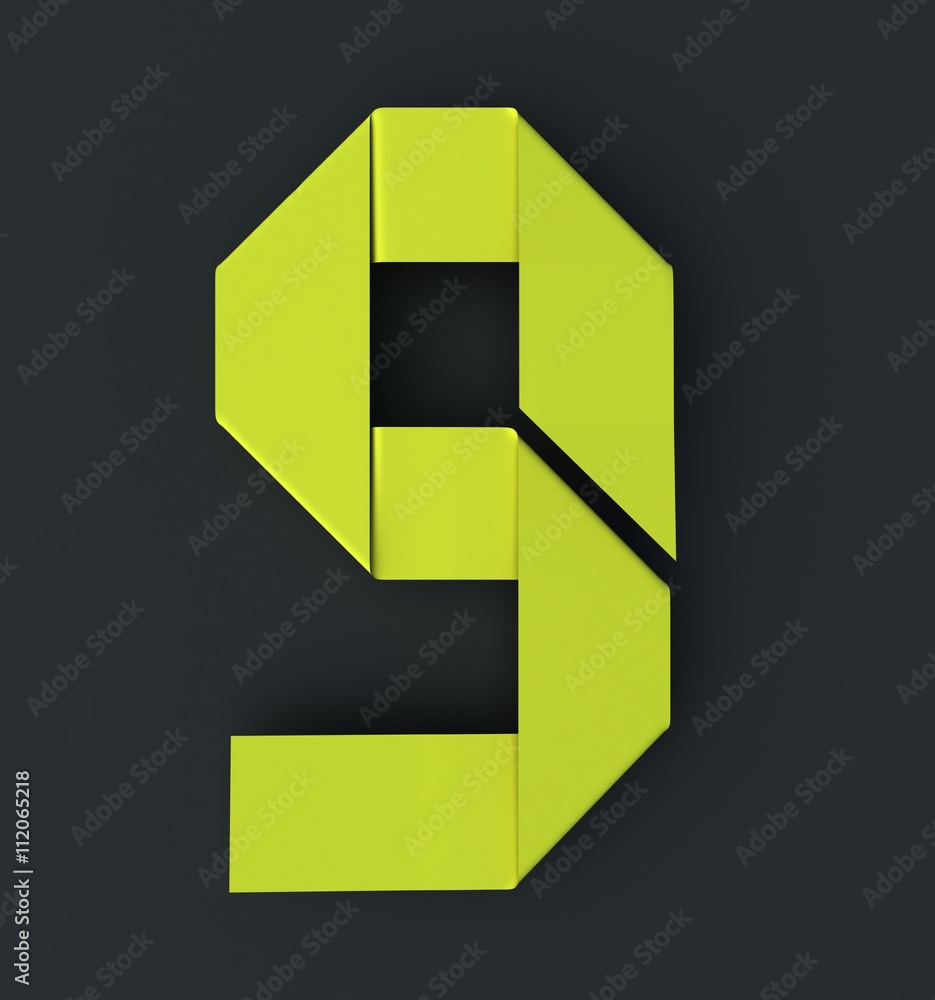 Poster origami paper font number nine, 9. 3d rendering isolated on dark background