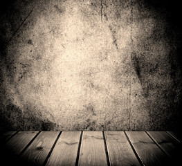 interior with an old wall and wooden floor