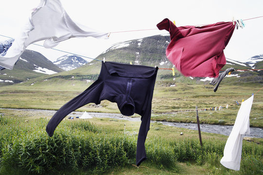 Hikers clothes drying on clothesline