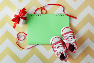 Obraz premium Baby boots and notebook , top view