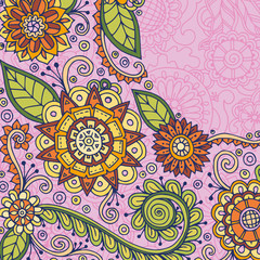 Hand drawn pattern with abstract doodle flowers and leaves.Zenta