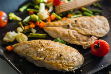 Chicken stean grilling on pan