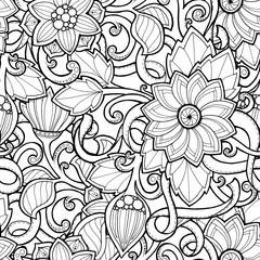 Doodle seamless background in vector with doodles, flowers and p