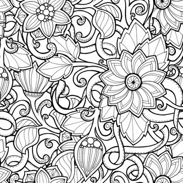 Doodle seamless background in vector with doodles, flowers and p