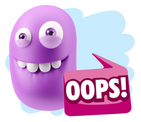 3d Rendering Smile Character Emoticon Expression saying Oops wit