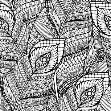 Seamless asian ethnic floral retro doodle black and white background pattern in vector with feathers. Henna paisley mehndi doodles design tribal pattern. 
