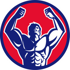 Body Builder Flexing Muscles Circle Retro