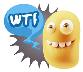 3d Rendering Smile Character Emoticon Expression saying WTF with