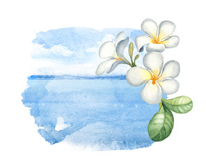 Watercolor illustration of a sea and flower