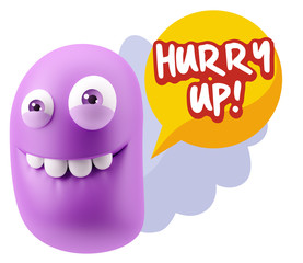 3d Rendering Smile Character Emoticon Expression saying Hurry Up