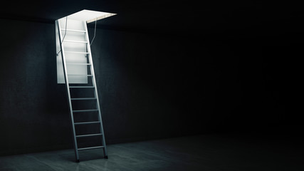 Wooden ladder to the attic with light. 3d rendering © lchumpitaz