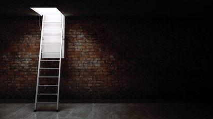 Wooden ladder to the attic with light. 3d rendering