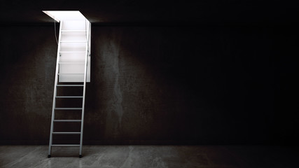 Wooden ladder to the attic with light. 3d rendering