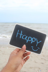 The word happy written on beach