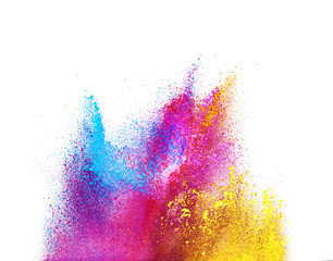 Explosion of colored powder on white background