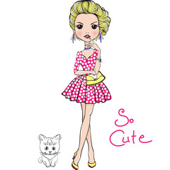 Cute beautiful Pop Art girl in dress with cat. T-shirt Graphics. Girl print.
